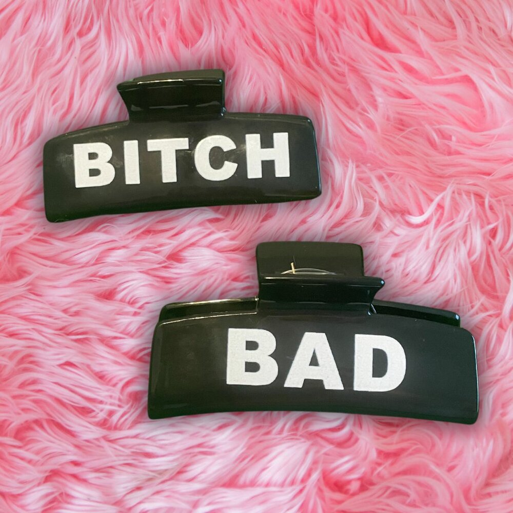 Bad B**** Acrylic Hair Claw Clip – 3.8" Rectangle Clip with Black Velvet Bag